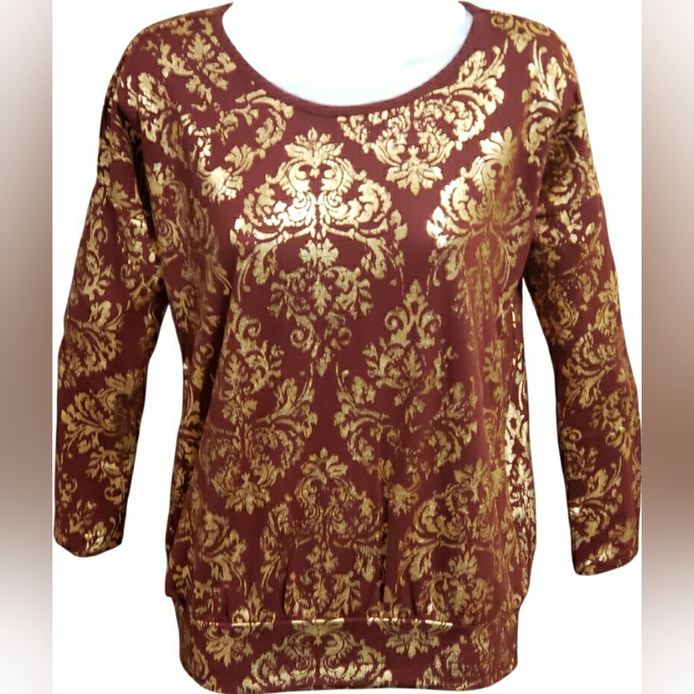 rue21 Burgundy Top with Gold Damask Print